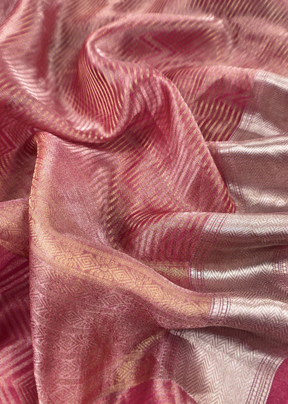 Deep Pink Designer Pure Brocade Silk Kurta And Tissue Silk Dupatta