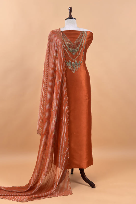 Rust Tissue Silk Unstitched Suit With Zardosi And Jadau Navratna Handwork