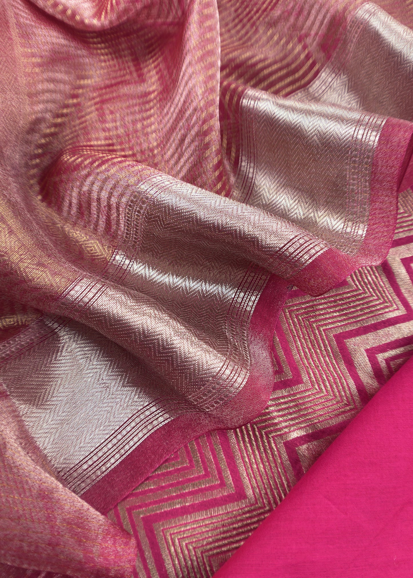 Deep Pink Designer Pure Brocade Silk Kurta And Tissue Silk Dupatta