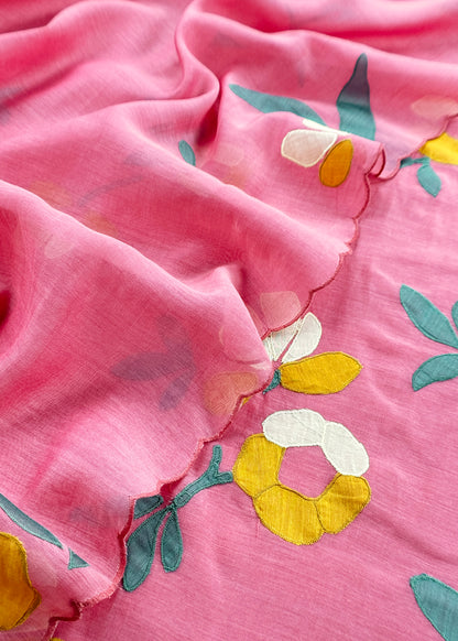 Pink Pure Mulmul Suit Fabric With Appliqué Work