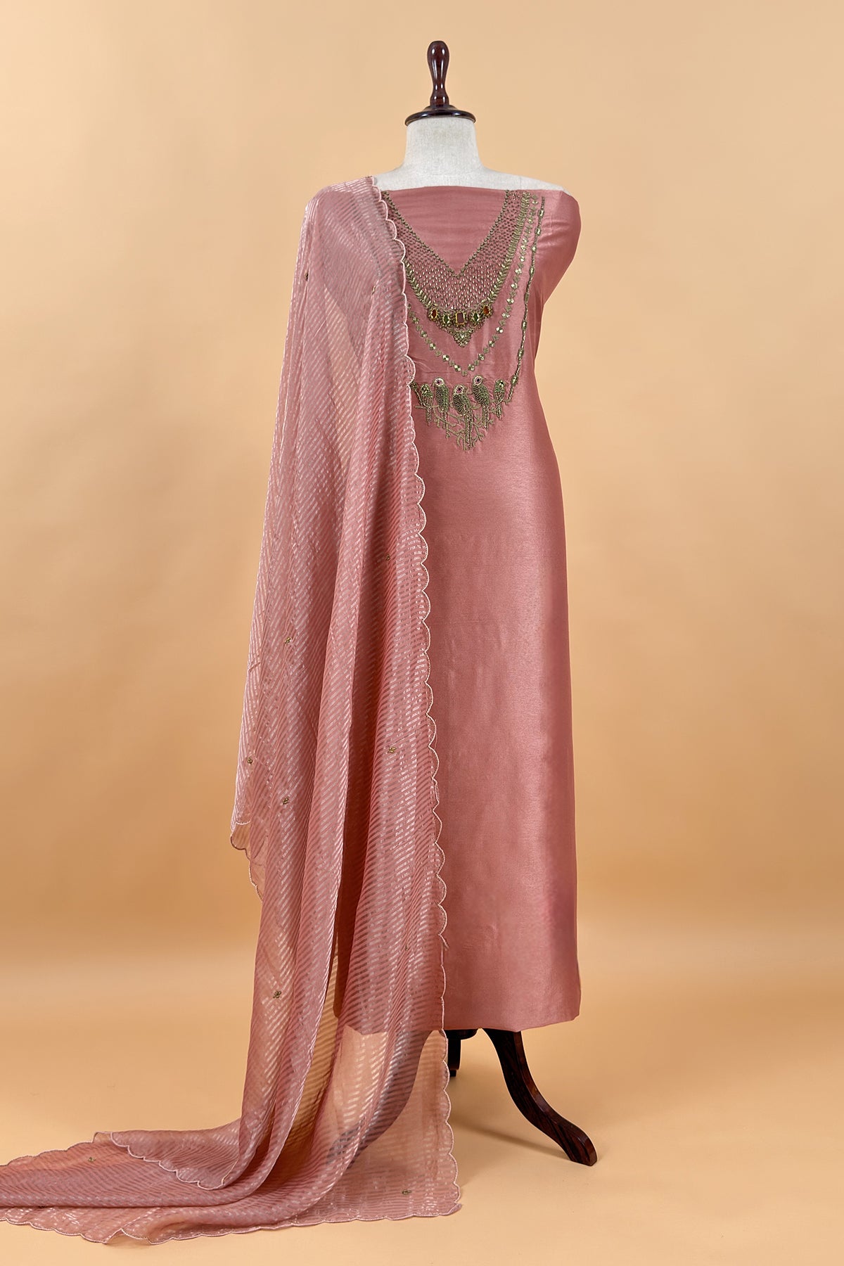 Baby Peach Tissue Silk Unstitched Suit With Zardosi And Jadau Navratna Handwork