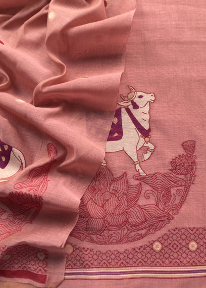 Peach Linen Chanderi Unstitched Suit With Pichwai Jamdani Weaving