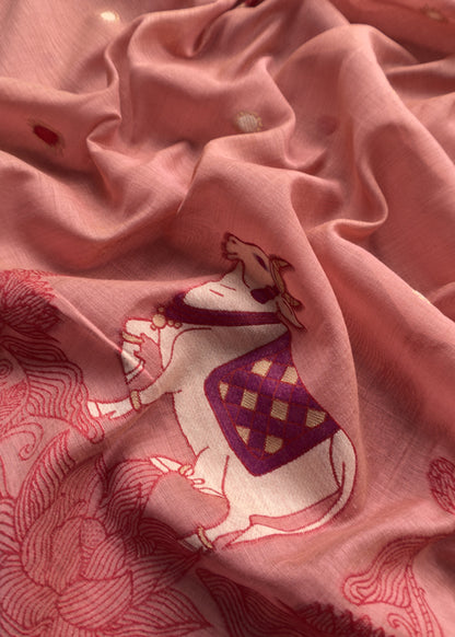 Peach Linen Chanderi Unstitched Suit With Pichwai Jamdani Weaving