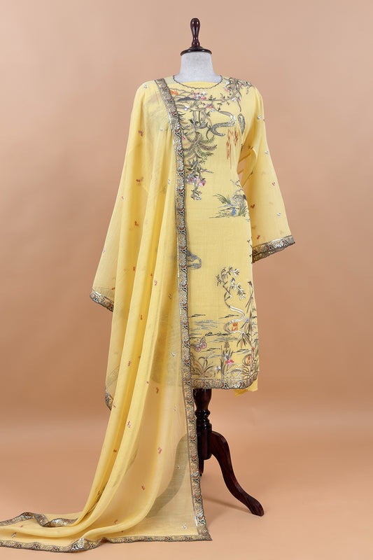 Yellow Handloom Mulmul Unstitched Suit Fabric With Hand Gota Embroidery