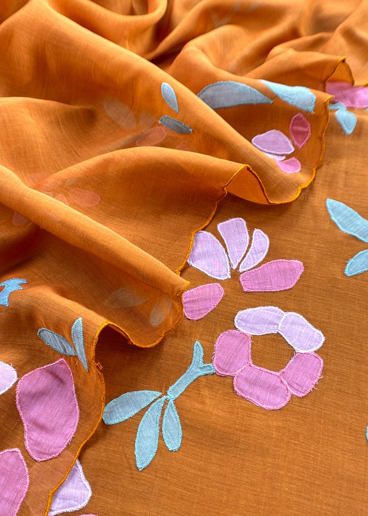 Rust Pure Mulmul Suit Fabric With Applique Work
