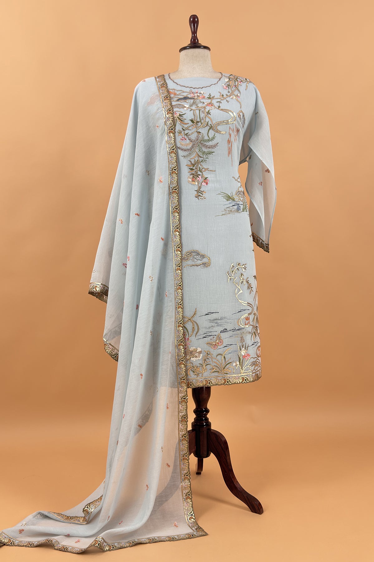 Pastel Blue Handloom Mulmul Unstitched Suit Fabric With Hand Gota Embroidery