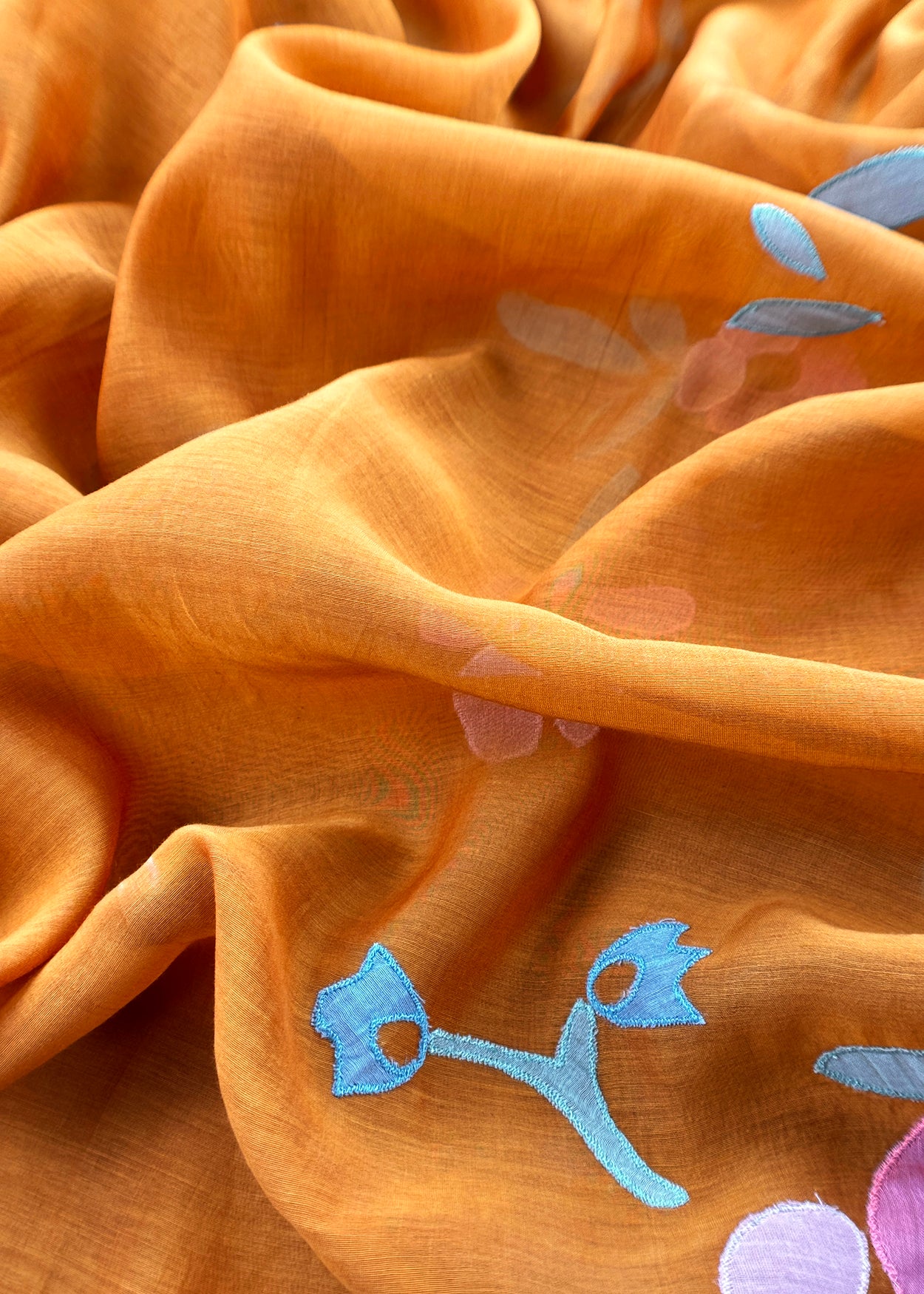 Rust Pure Mulmul Suit Fabric With Applique Work