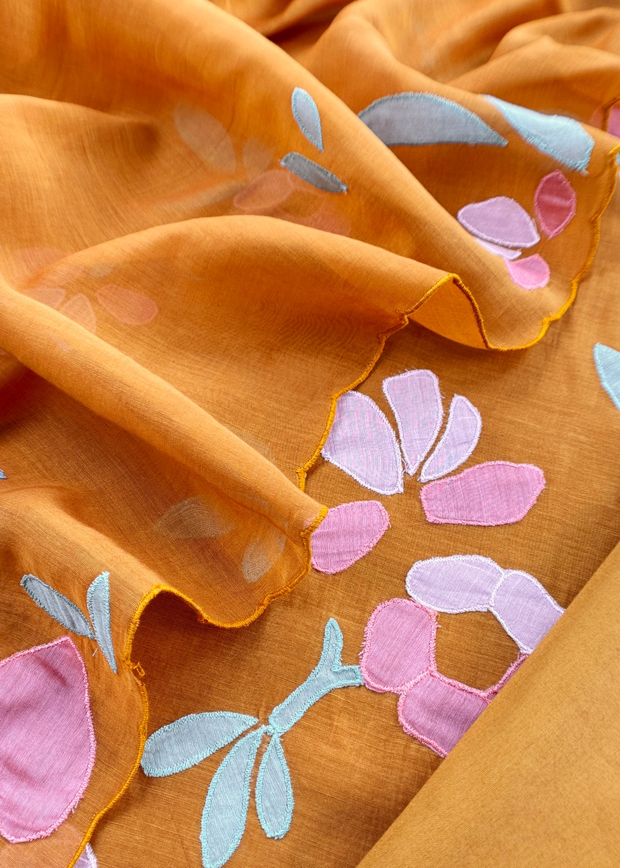 Rust Pure Mulmul Suit Fabric With Applique Work
