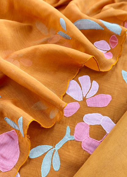Rust Pure Mulmul Suit Fabric With Applique Work