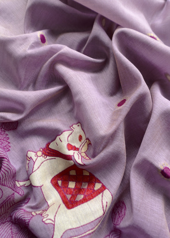 Purple Linen Chanderi Unstitched Suit With Pichwai Jamdani Weaving