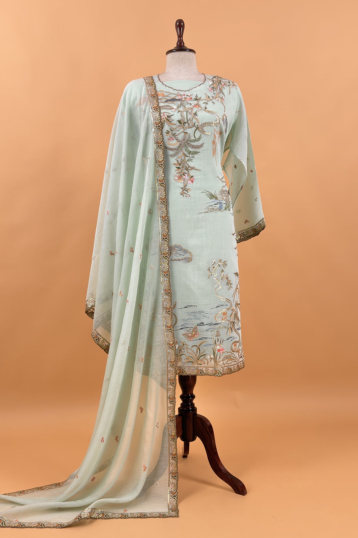 Pastel Green Handloom Mulmul Unstitched Suit Fabric With Hand Gota Embroidery