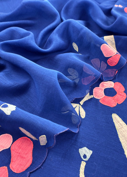 Royal blue Pure Mulmul Suit Fabric With Appliqué Work