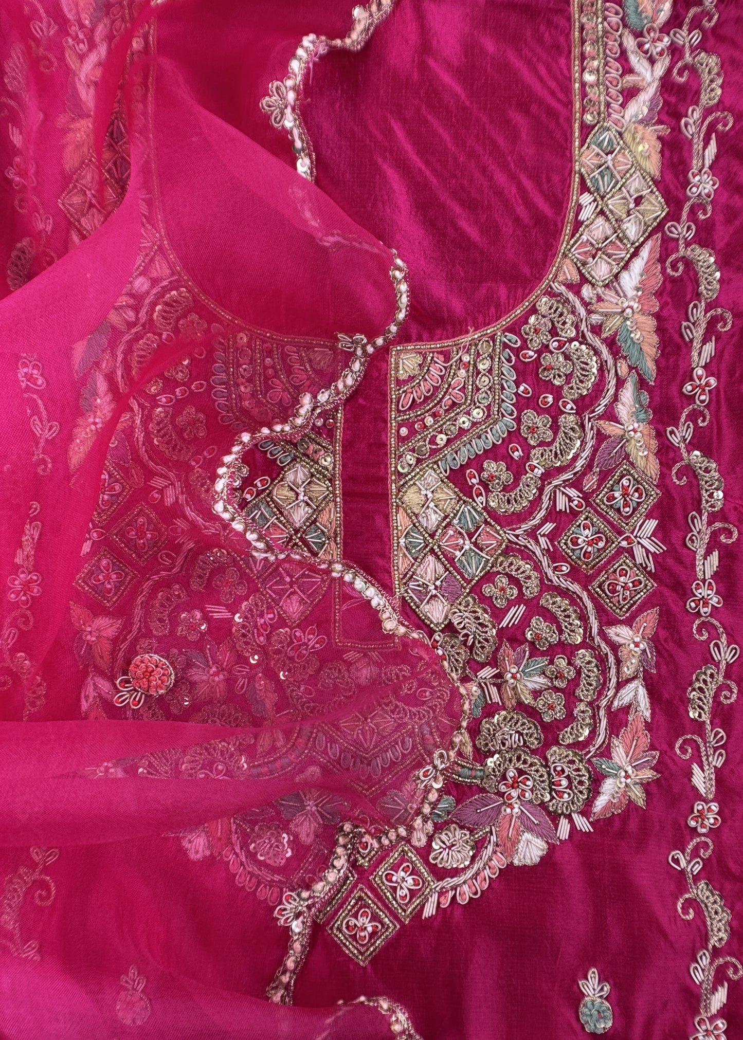 Deep Pink Handloom Silk Suit With Zardosi Embroidery