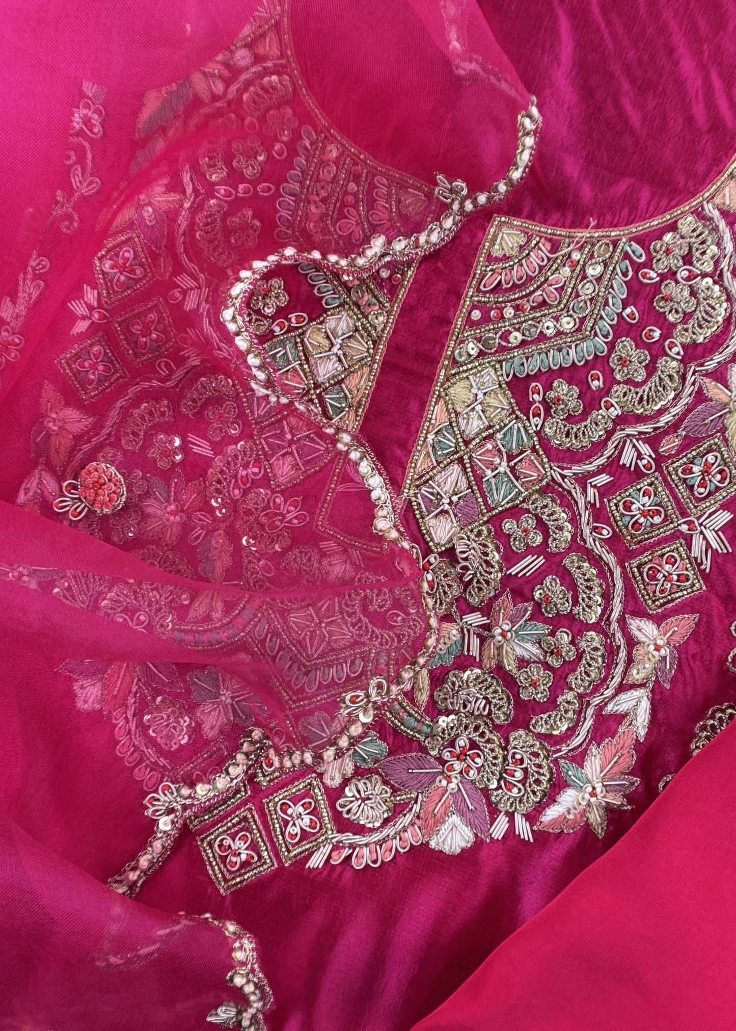 Deep Pink Handloom Silk Suit With Zardosi Embroidery