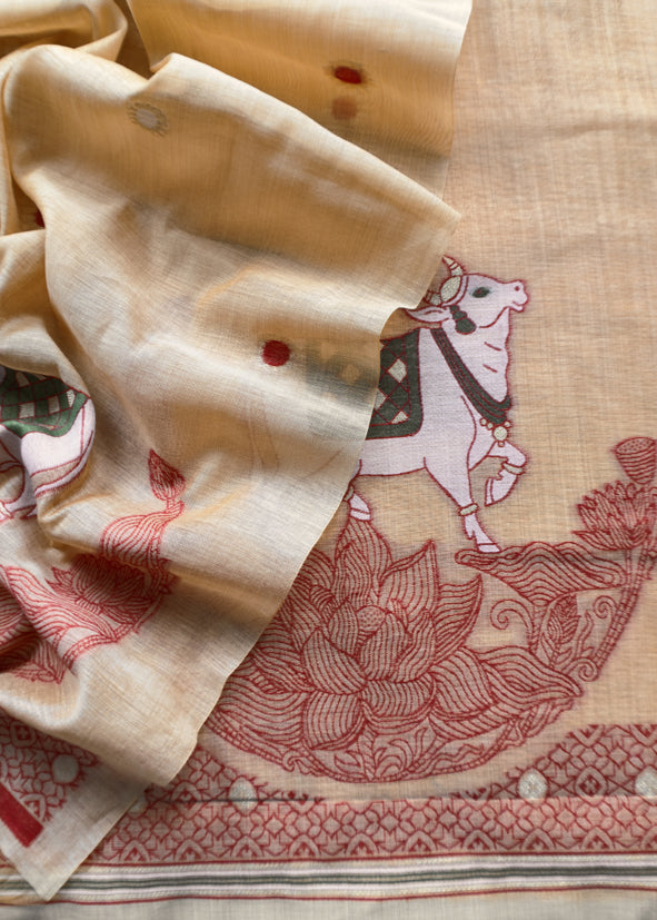 Mustard  Linen Chanderi Unstitched Suit With Pichwai Jamdani Weaving