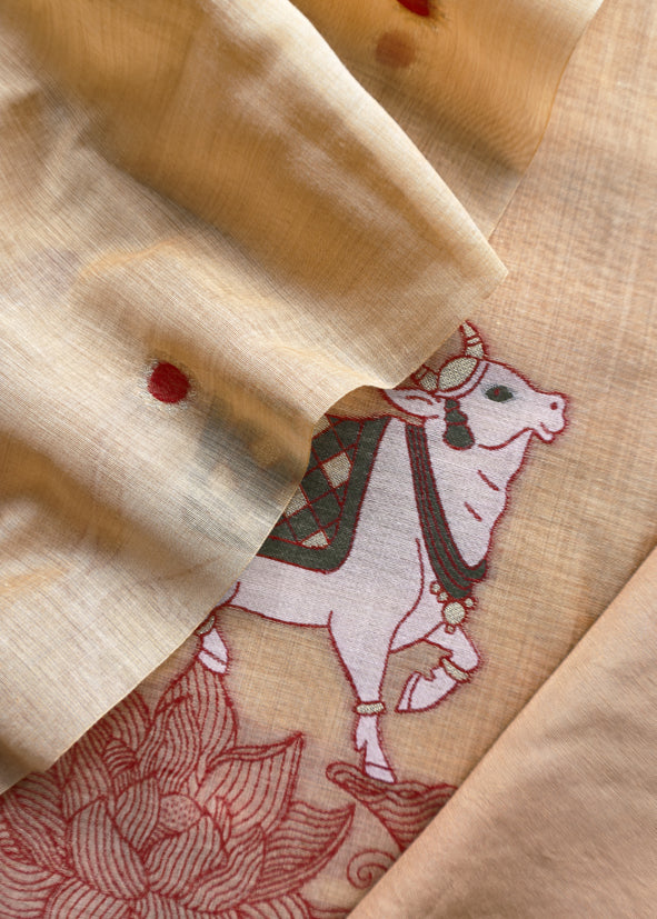 Mustard  Linen Chanderi Unstitched Suit With Pichwai Jamdani Weaving