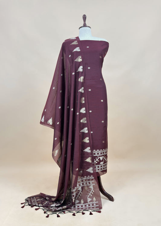 Plum Wine Jamdani Weaved Suit Fabric In Linen Chanderi