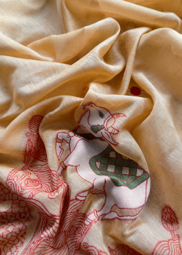 Mustard  Linen Chanderi Unstitched Suit With Pichwai Jamdani Weaving