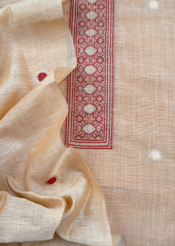 Mustard  Linen Chanderi Unstitched Suit With Pichwai Jamdani Weaving