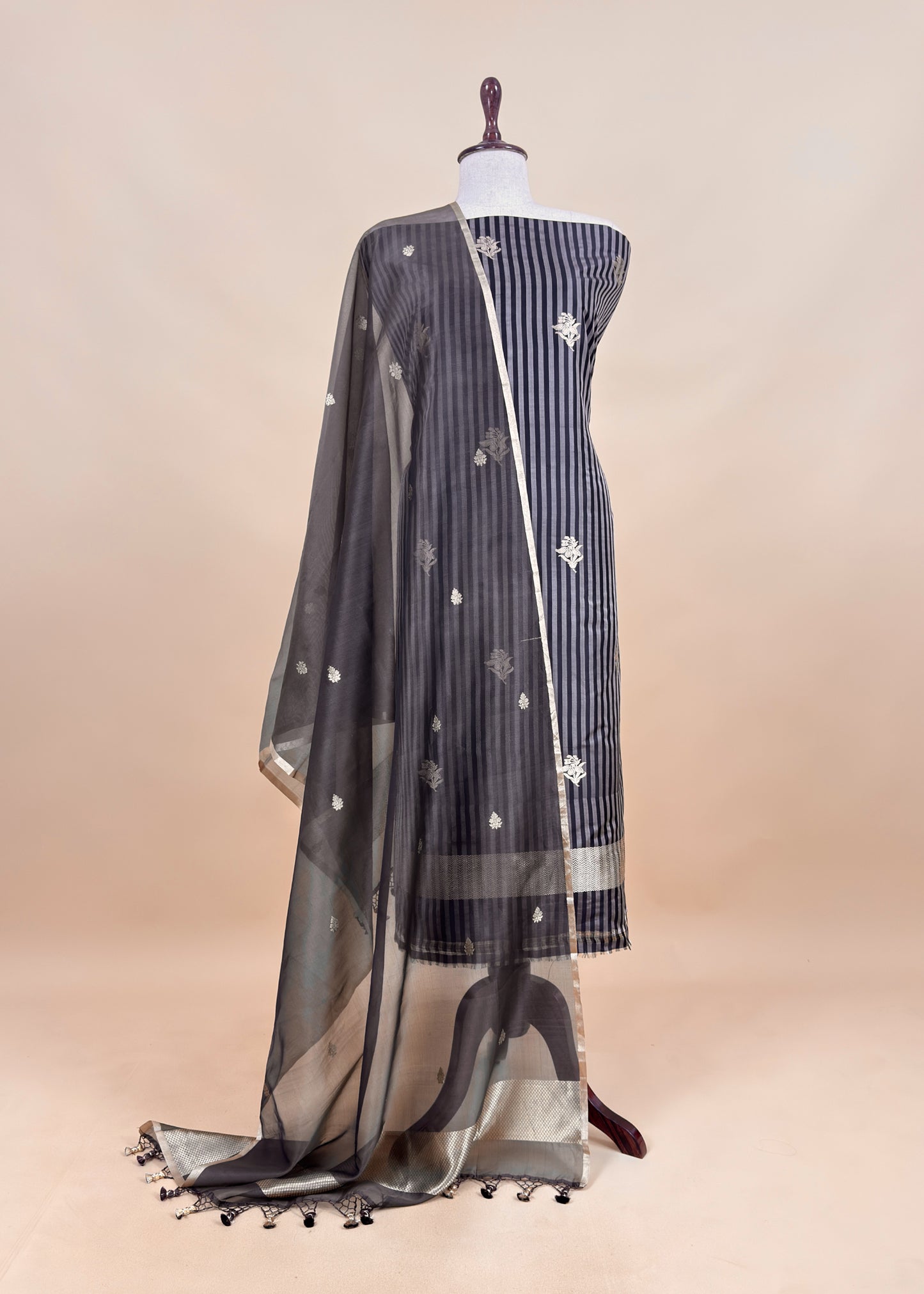 Kavya Violet greys striped Katan silk kurta and Kora silk dupatta with kadwa weaving