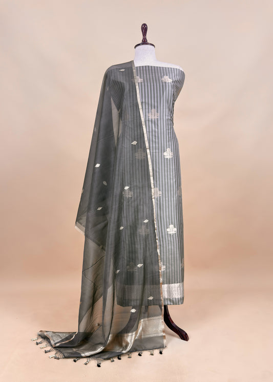 Kavya Cloud Gray Striped Katan Silk Kurta And Kora Silk Dupatta With Kadwa Weaving
