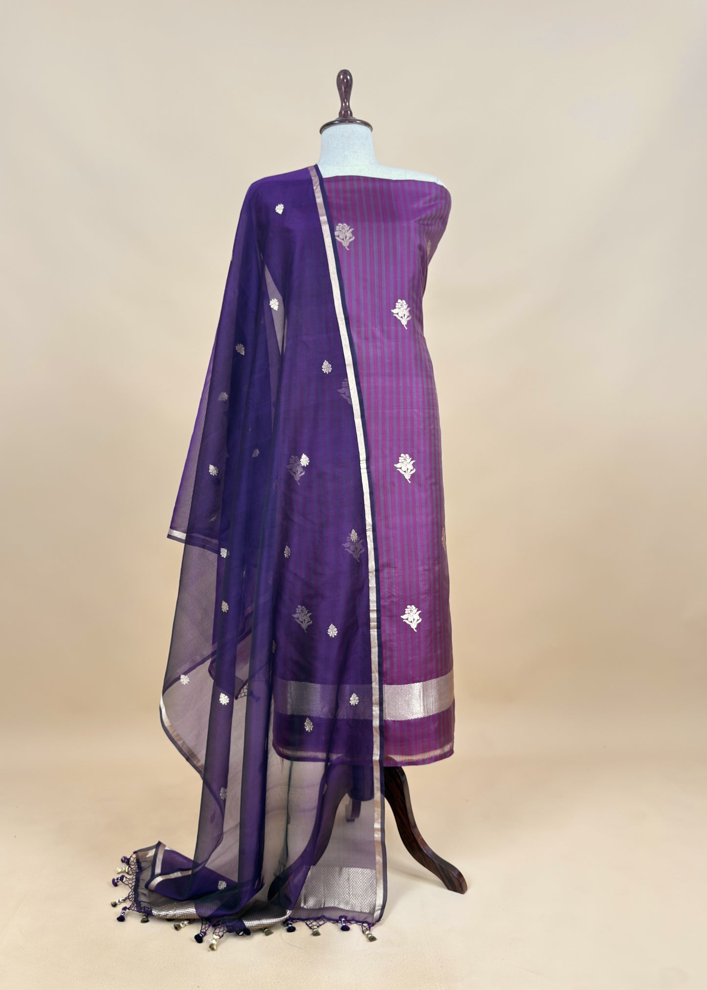 Kavya Violet greys striped Katan silk kurta and Kora silk dupatta with kadwa weaving