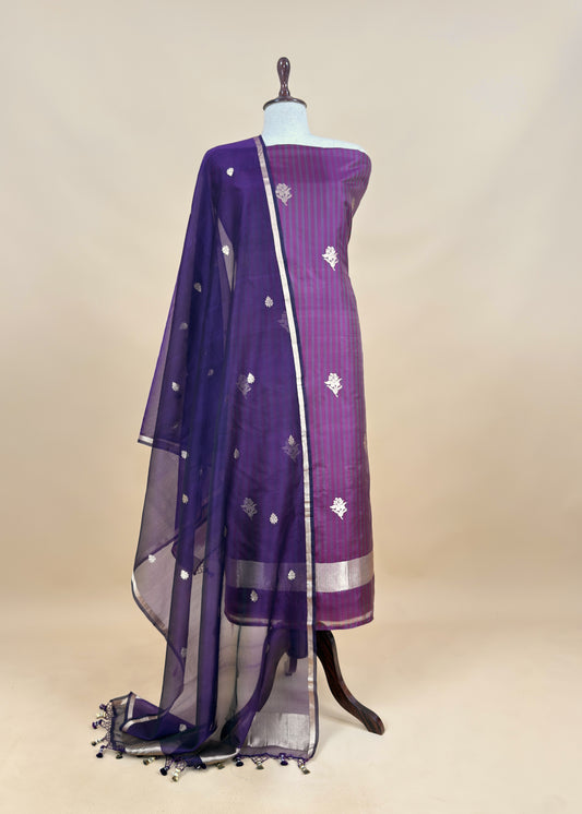 Kavya Violet greys striped Katan silk kurta and Kora silk dupatta with kadwa weaving