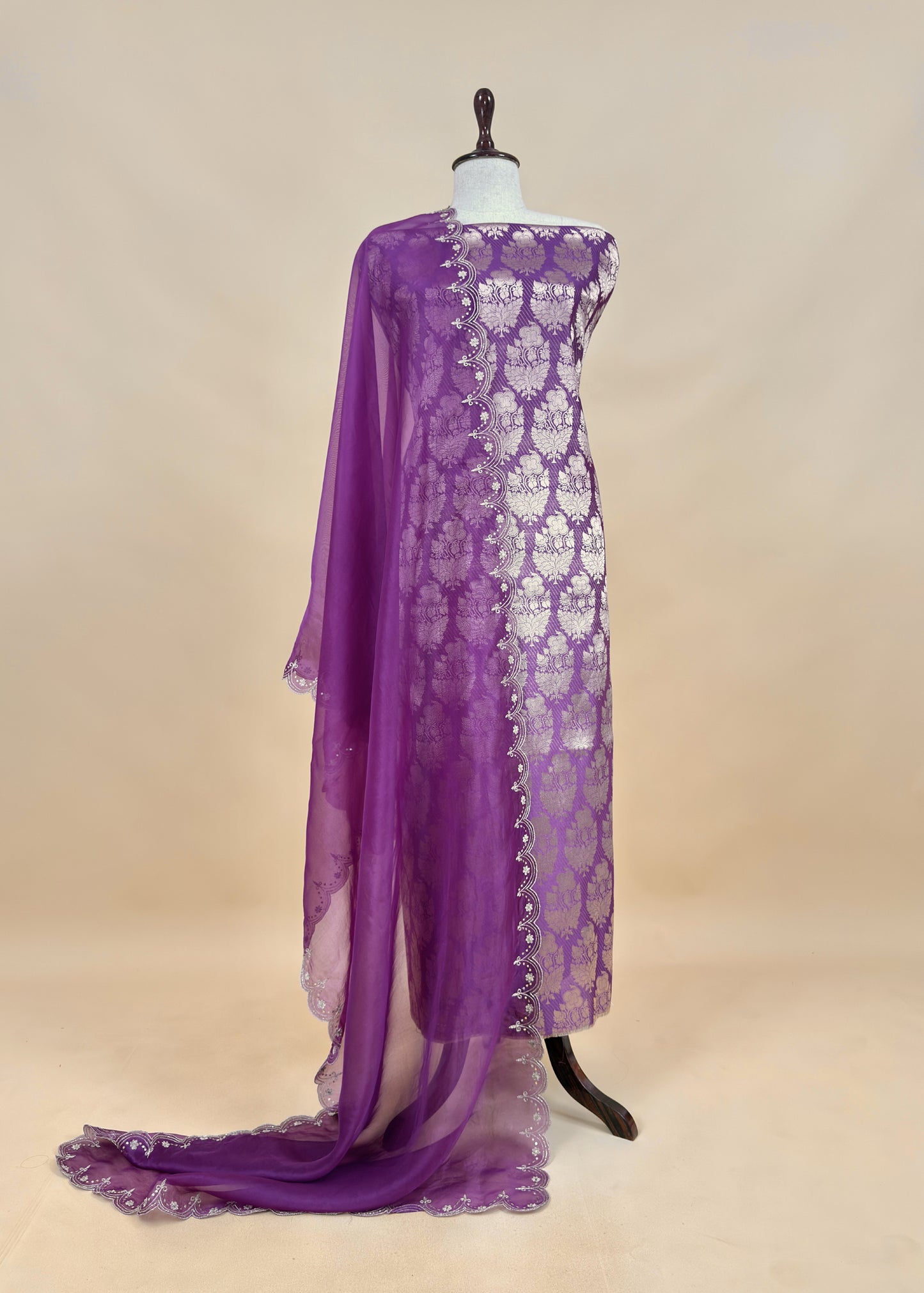 Purple Brocade Silk Kurta And Organza Silk Dupatta With Handwork