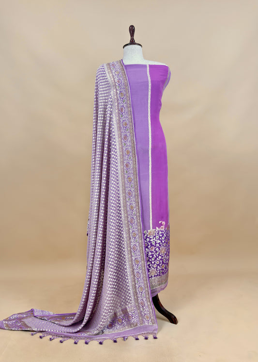 Luxe Lavender Handbrush Paint Handloom Khadi Georgette Unstitched Suit