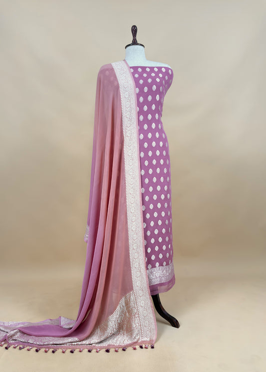 Orchid Pink Handloom Khaddi Georgette Suit Fabric With Zari Weaving