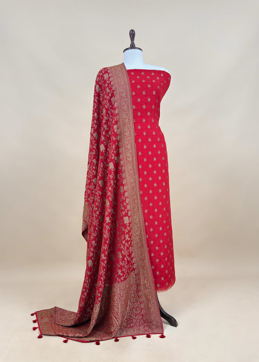 Red Georgette Silk Suit Fabric With Zari Weaving