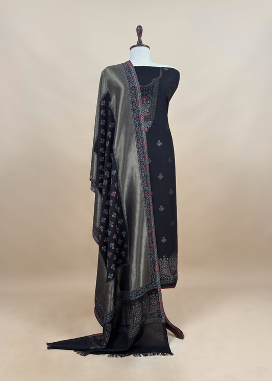 Black Wool Unstitched Suit With Kani Zari Weaving