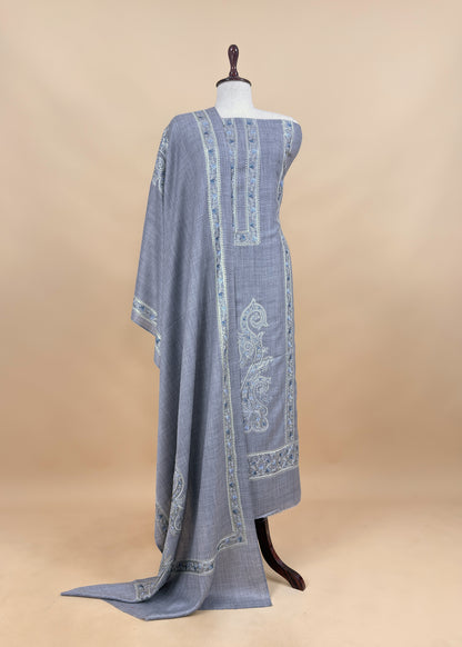 Grey Pure Merino Wool With Beautiful Aari Embroidery