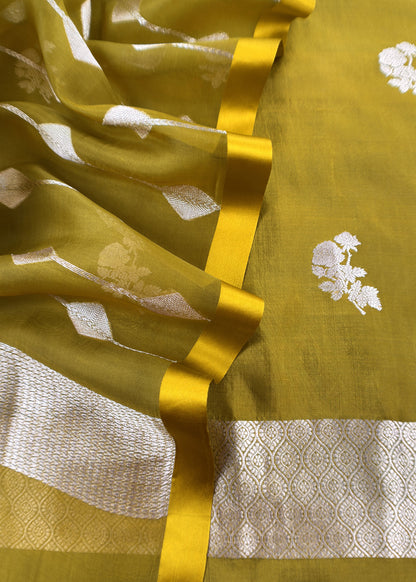 Apple Green Handloom Banarasi Silk Kurta And Kora Silk Dupatta With Kadwa Weaving