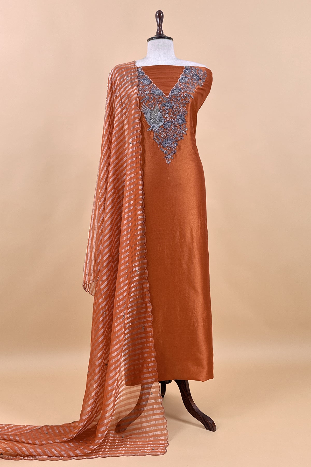 Rust Orange Pure Silk Suit With Tissue Silk Dupatta