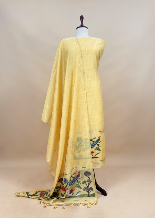 Yellow Chanderi Linen Suit Fabric With Jamdani Weaving