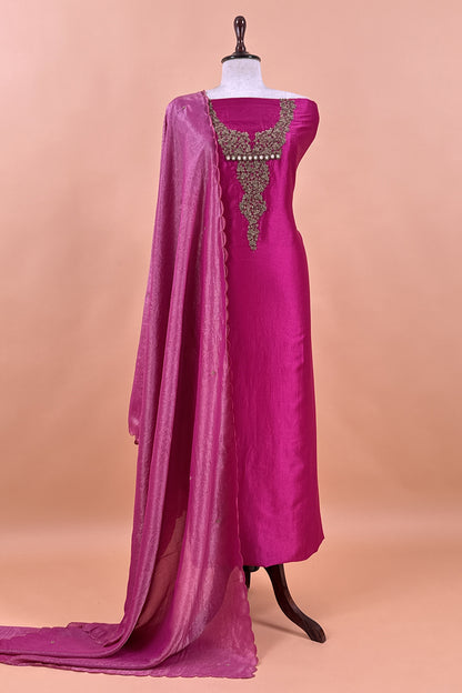 Pink Tissue Silk Unstitched Suit With Zardosi And Jadau Navratna Handwork