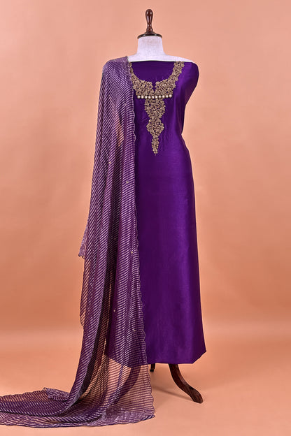 Purple Tissue Silk Unstitched Suit With Zardosi And Jadau Navratna Handwork