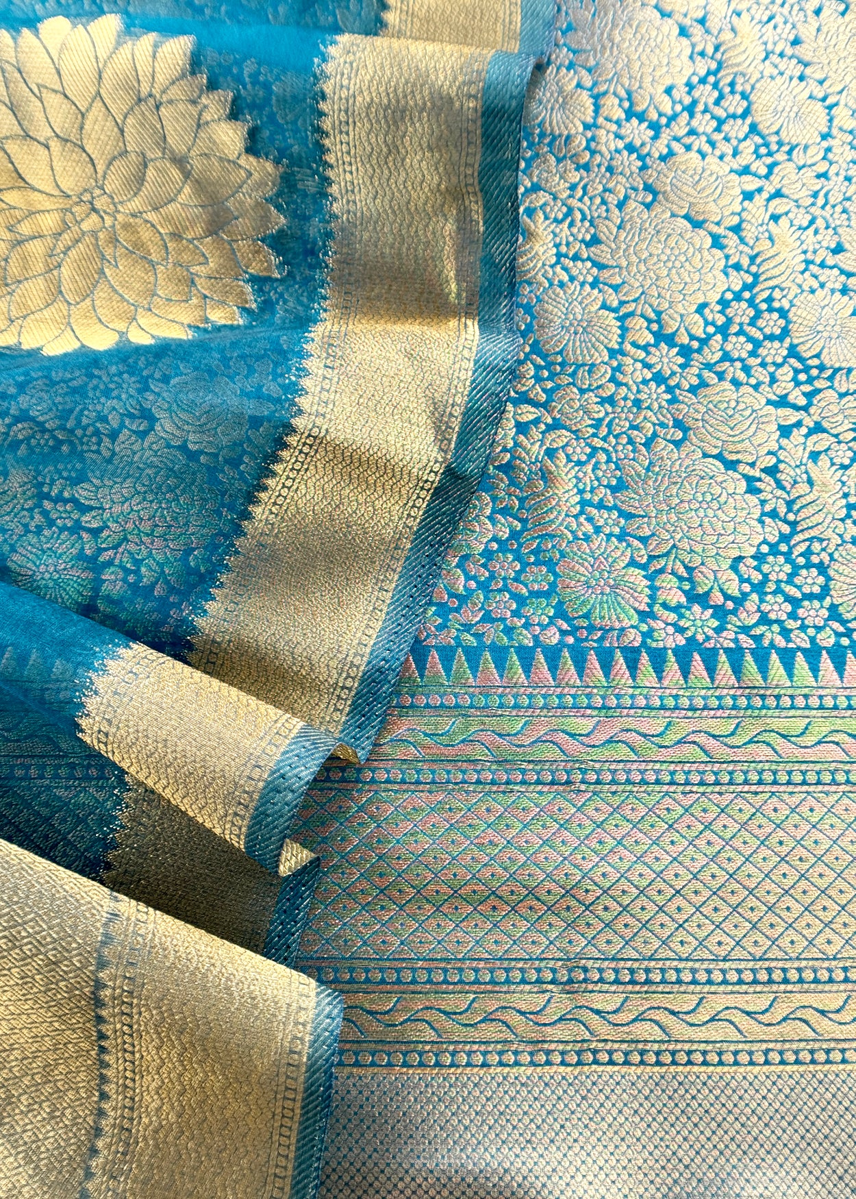 Dark Blue Designer Pure Brocade Silk Kurta and Organza Dupatta