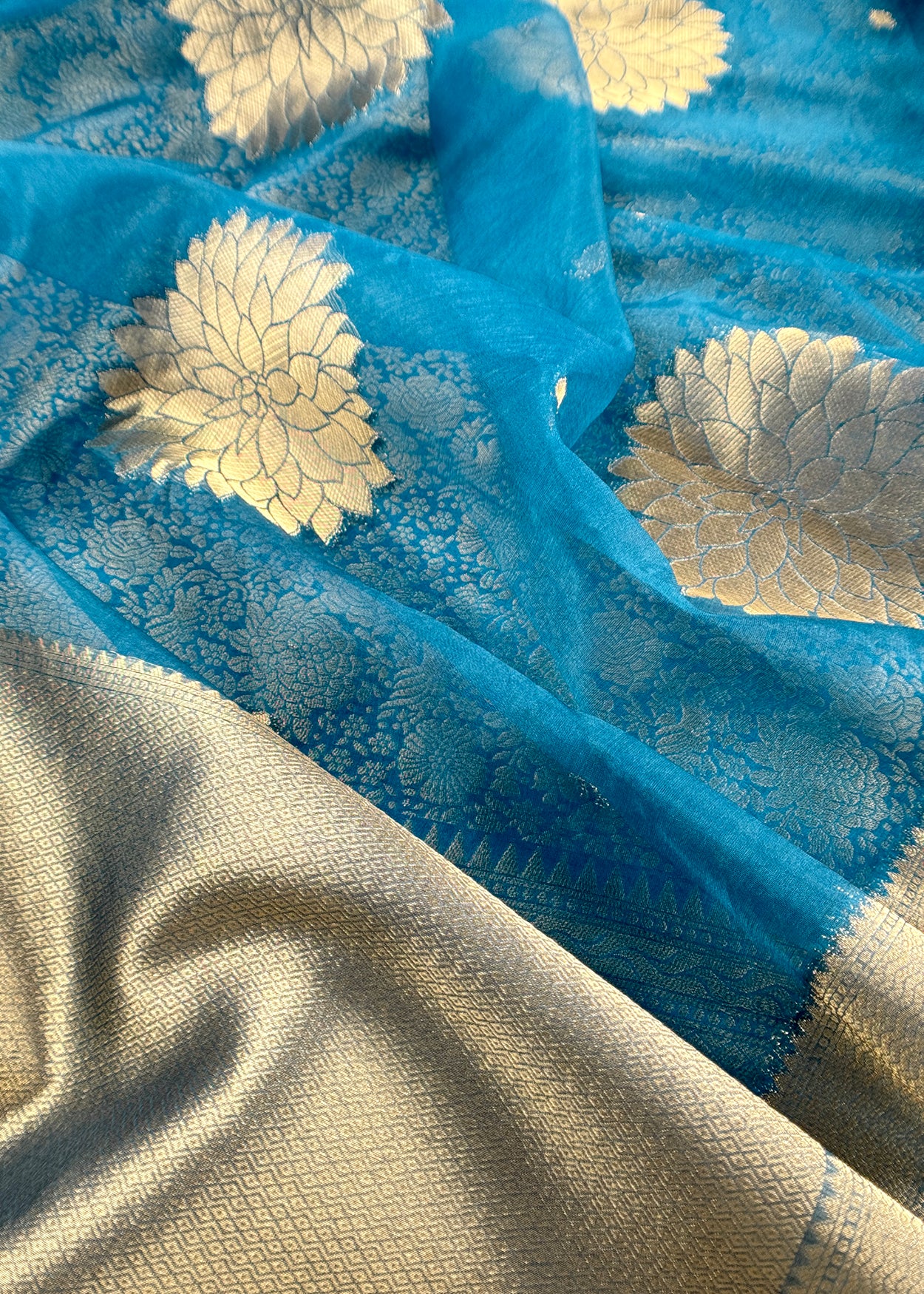 Dark Blue Designer Pure Brocade Silk Kurta and Organza Dupatta