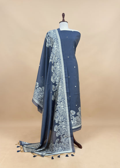 Blue Floral Jamdani Weaved Unstitched Suit In Linen Chanderi