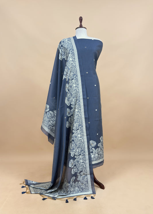 Blue Floral Jamdani Weaved Unstitched Suit In Linen Chanderi
