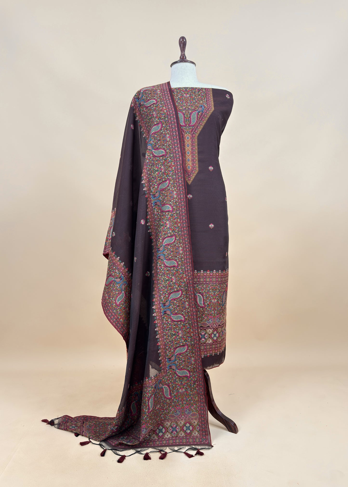 Brick Red linen Chanderi Suit Fabric With Multicolour Jamdani Weaving