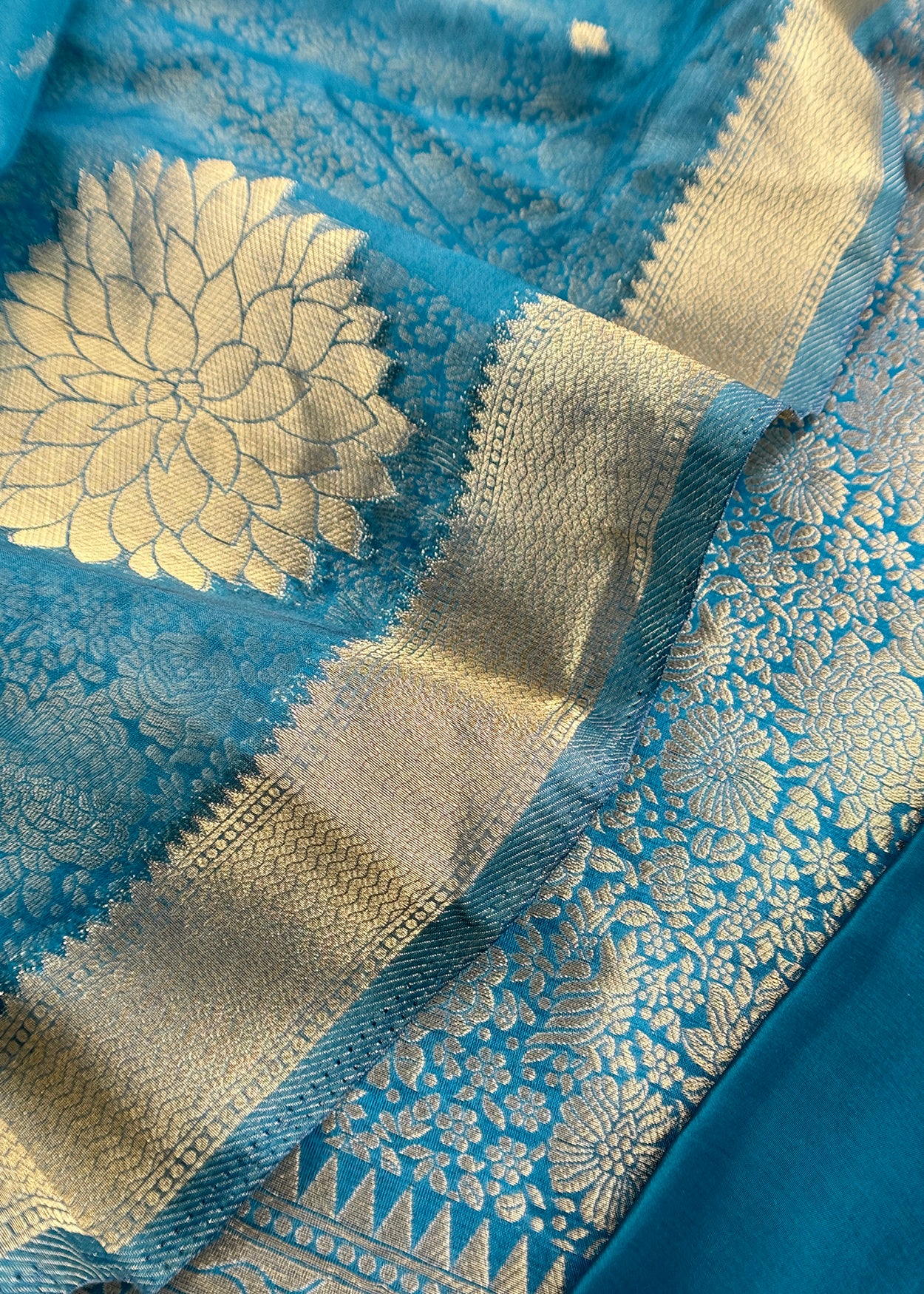 Dark Blue Designer Pure Brocade Silk Kurta and Organza Dupatta