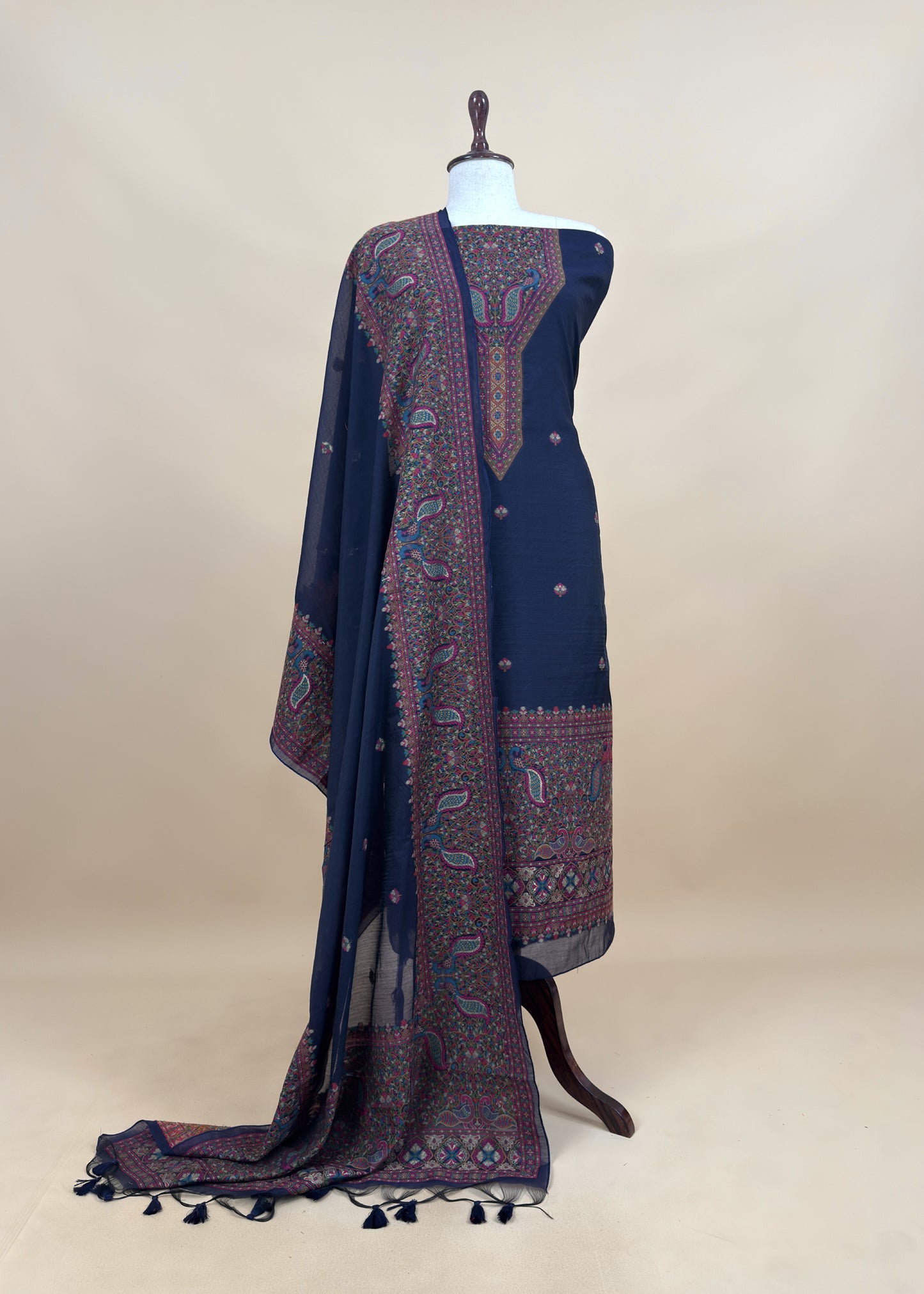 Brick Red linen Chanderi Suit Fabric With Multicolour Jamdani Weaving