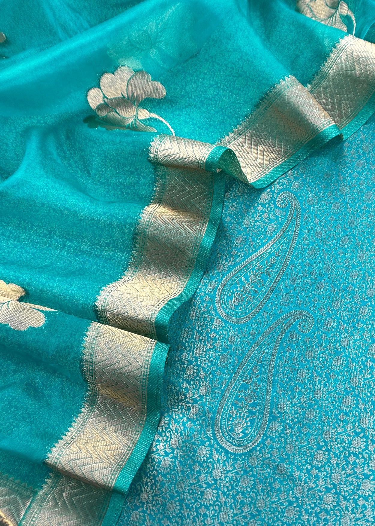 Sky Blue Designer Pure Brocade Silk Kurta and Organza Dupatta