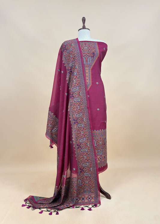 Brick Red linen Chanderi Suit Fabric With Multicolour Jamdani Weaving