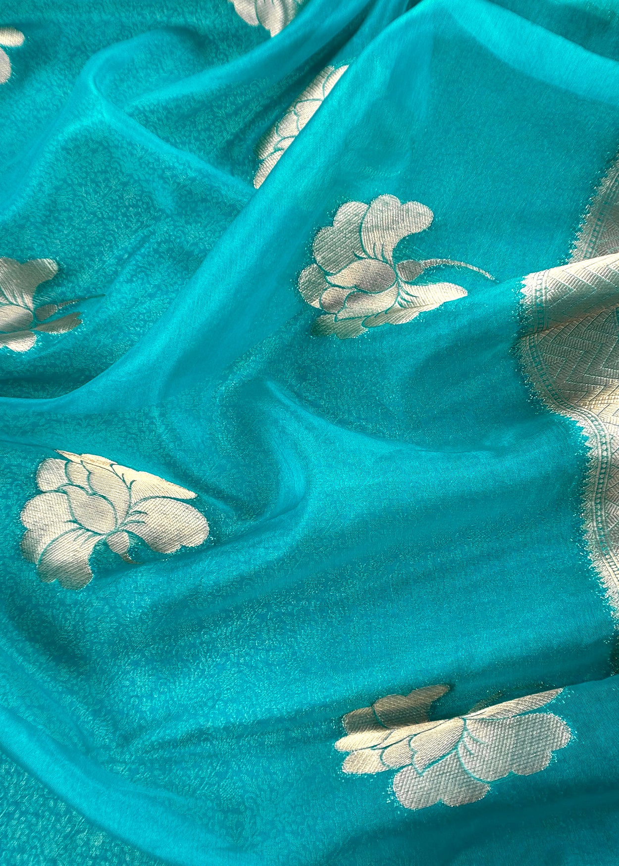 Sky Blue Designer Pure Brocade Silk Kurta and Organza Dupatta