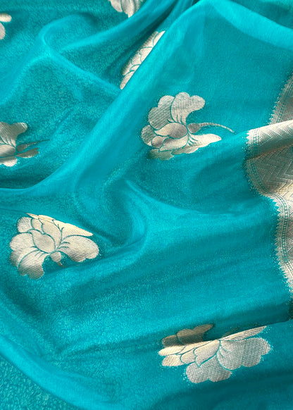 Sky Blue Designer Pure Brocade Silk Kurta and Organza Dupatta