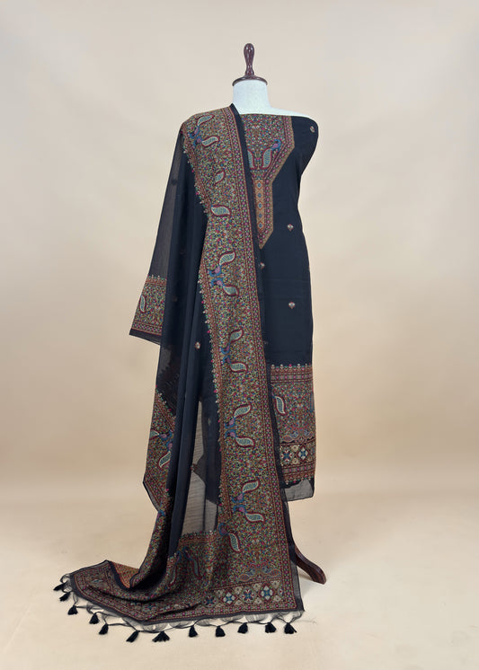 Black linen Chanderi Suit Fabric With Multicolour Jamdani Weaving